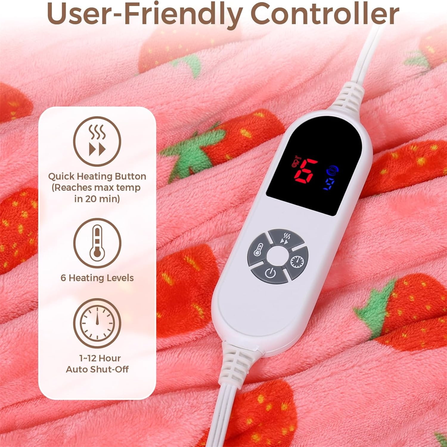 Electric Blanket Heated Throw, Soft Flannel & Sherpa Heating Blanket Throw with 6 Heating Levels & 12hrs Auto Off, Machine Washable, Home Office Use, 50x60 Inch