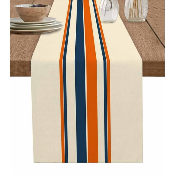 Orange Blue Stripe Burlap Cotton Table Runner 14x72 Inches Long, Farmhouse Minimalist Striped Farmhouse Table Runners, Outdoor Dining Tablecloths Decor for Baby Shower/Party/Wedding