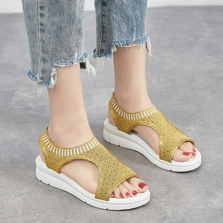 

KBODIU Women s Athletic Hiking Sandals Walking Sandals with Arch Support Wadable Water Sandals Fish Mouth Sandals Large Size Flying Wedge Sports Sandals for Beach/Cruise/Travel Gold 45