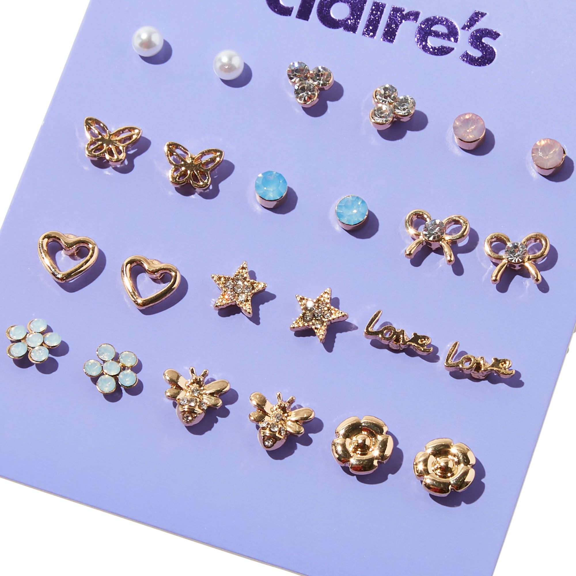 全新 Claire set tops AM1335 Claire's Gold Pink Angel Star Heart Stud Earring Set