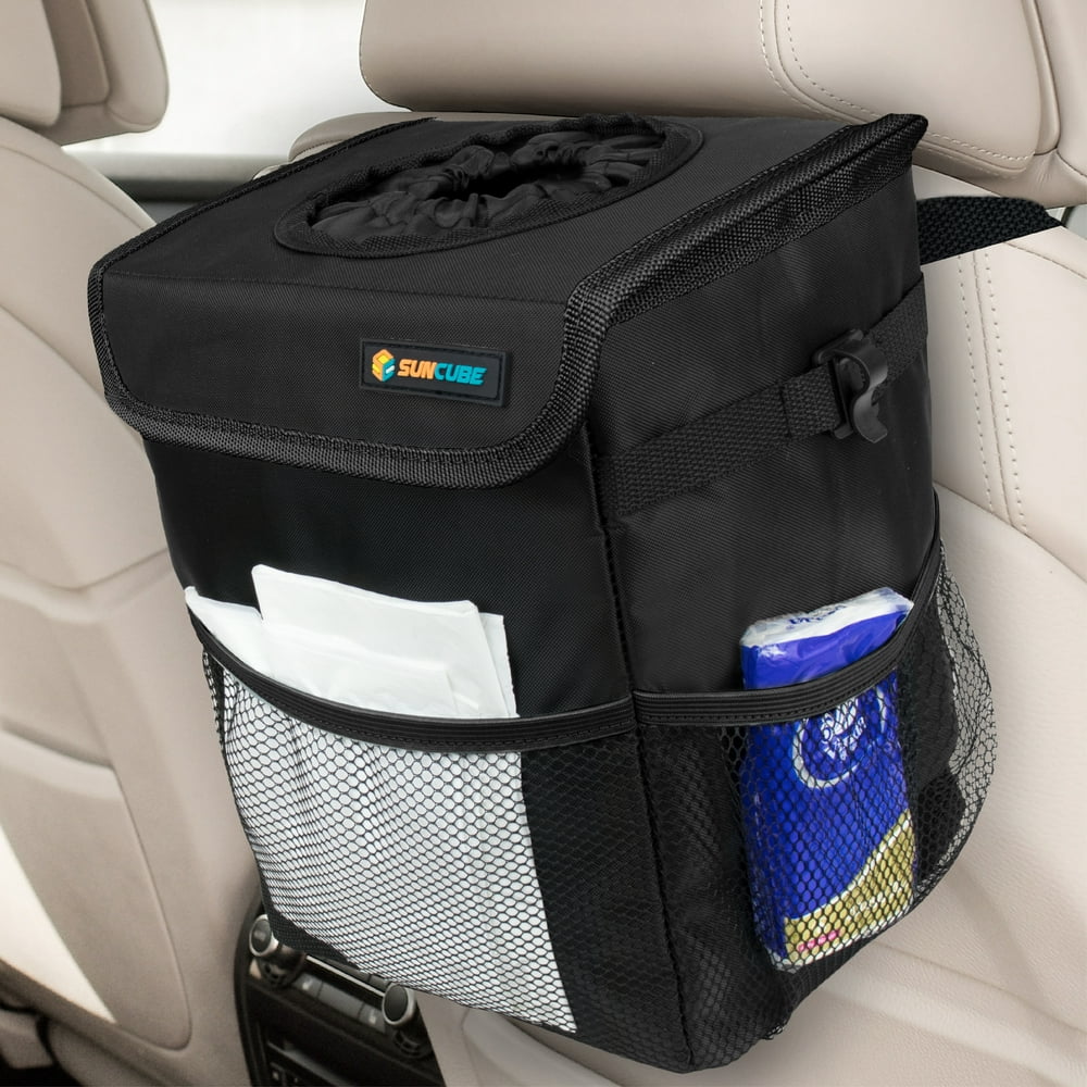 SUN CUBE Car Trash Can with Lid, Mesh Pockets | WATERPROOF Car Garbage ...