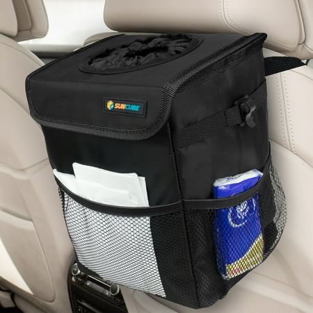 SUN CUBE WATERPROOF Car Trash Can with Lid, Mesh Pockets | Leakproof Car Garbage Can Hanging | Auto Trash Bin, Garbage Bag Organizer for Headrest, Console, Truck (Black)