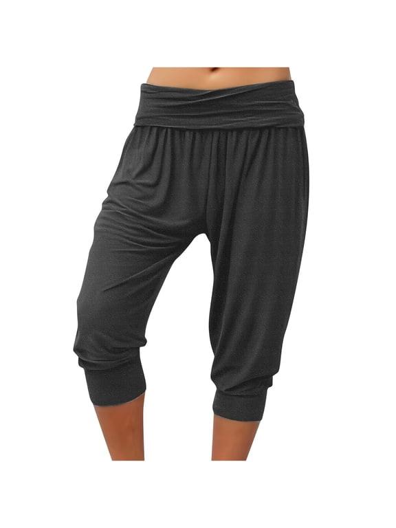 Women Solid Cuffed Ankle Capri Pants, Elastic Drawstring Waist Side Pockets Slimming Casual Daily Trousers Dark Gray L