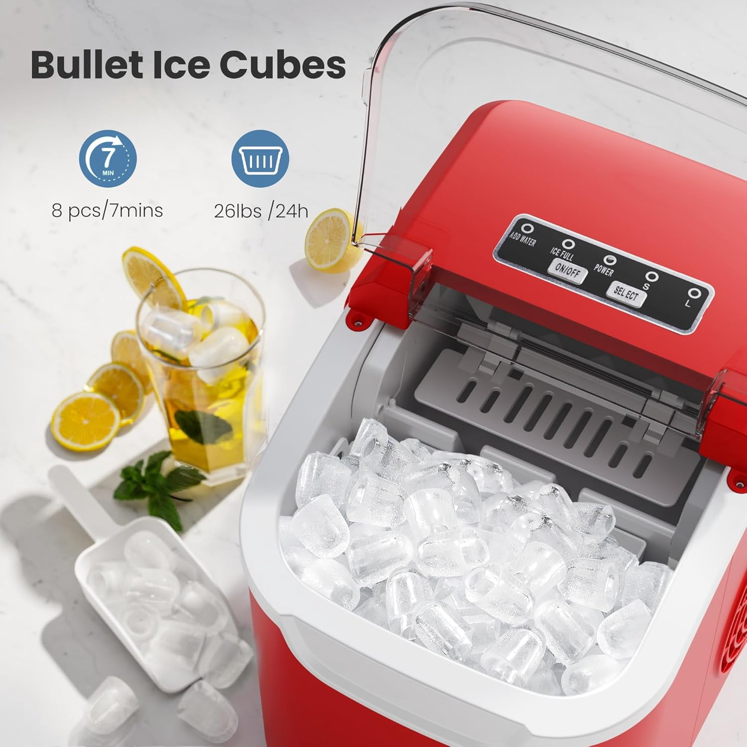 Moifoi Ice Maker Countertop , Portable Ice Machine 26.5lbs/24H, Ready in 6 Mins/9 Pcs  with Self-Cleaning,Red