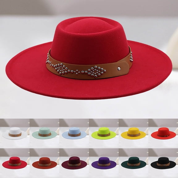 Beach Hats for Women Unisex Wide Brim Studded Belt Wool Cowboy Hat Winter Warm White One Size