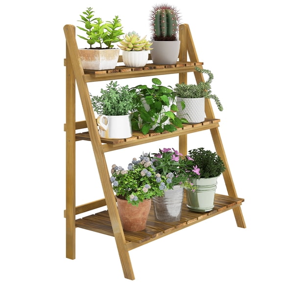 Outsunny Outdoor Plant Stand, Foldable Flower Stand 3-Tier Wooden Plant Shelf for Garden Indoor Outdoor, 32" x 14" x 37''