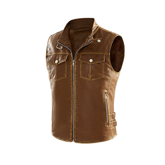 Wolfast Men's Leather Motorcycle Vest Vintage Riding Biker Faux Leather Vests with Pockets,Khaki S