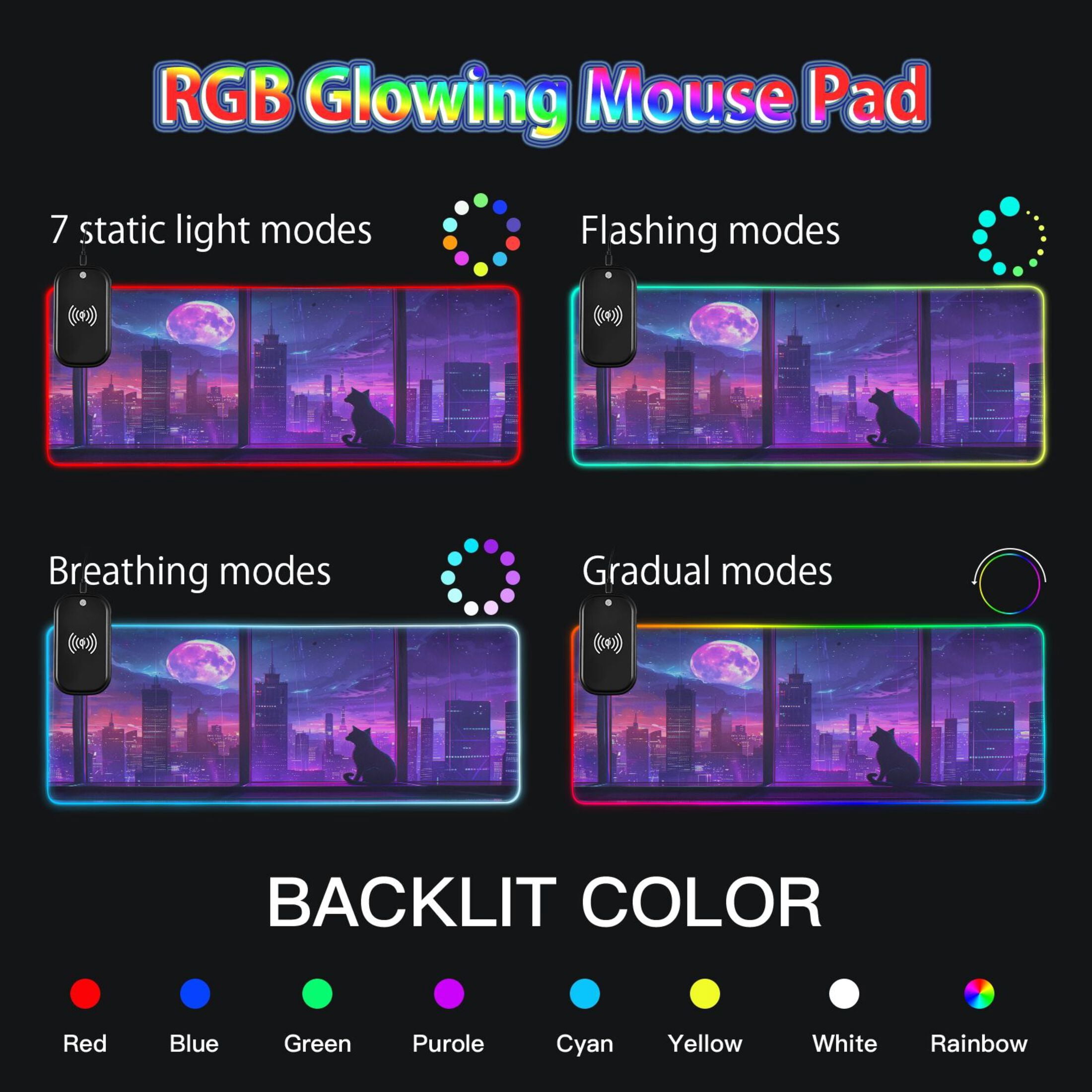 Wireless Charging Mouse Pad Large RGB Gaming Desk Mat 13 Light Modes Mousepad 35.4x15.7 Cat Moon City