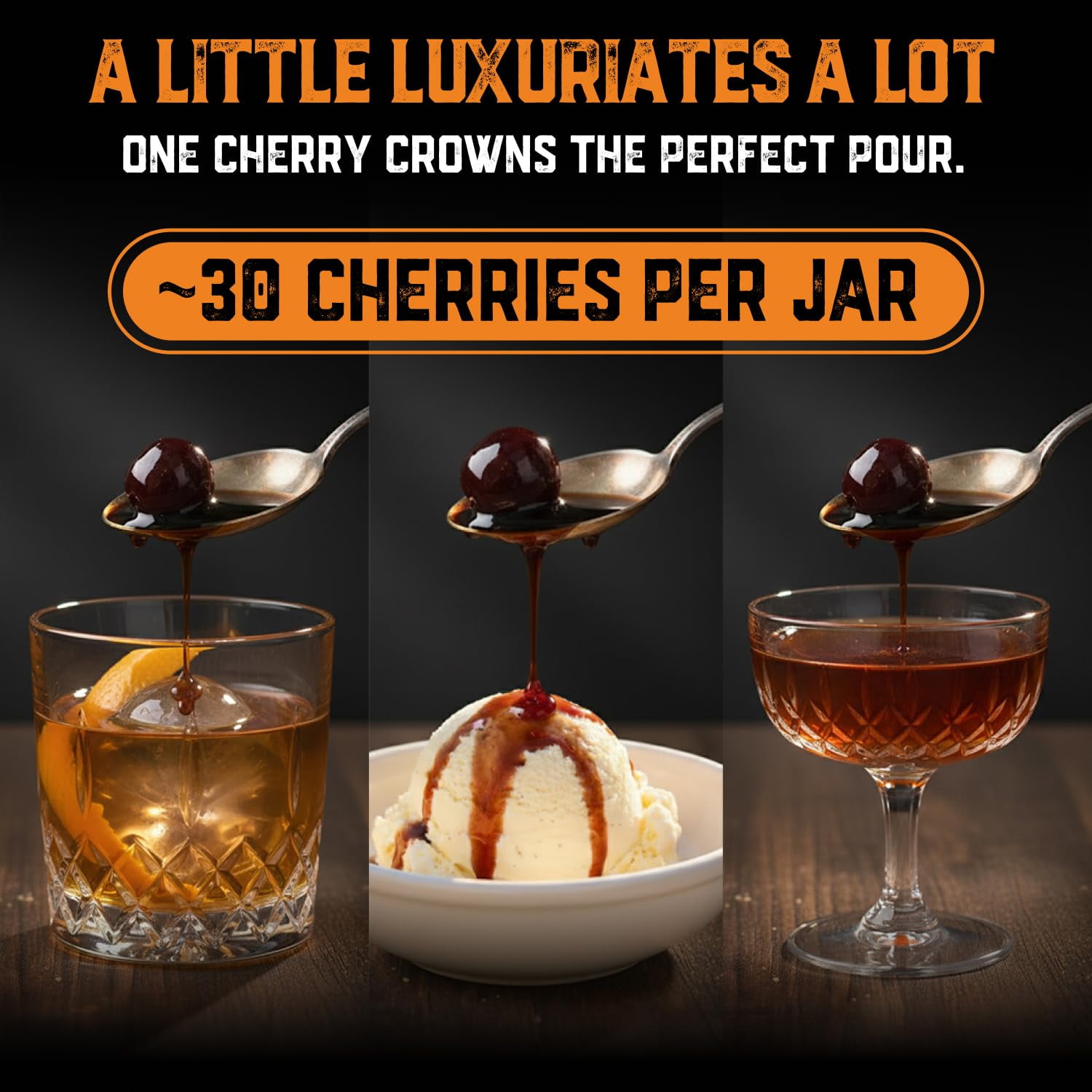 Aged and Charred Amarena Cherries in Syrup, 10 oz Cocktail Garnish for Bourbon and Whiskey, 30–40 Cherries, Made in USA