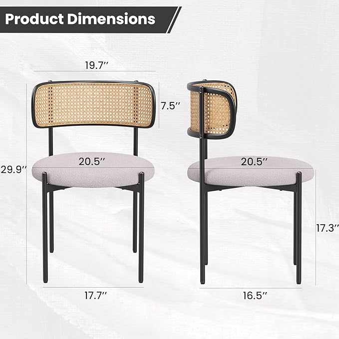 MAYEERTY 2-Pack Light Gray Modern Upholstered Dining Chairs, Rattan Back, Metal Legs, Kitchen Accent
