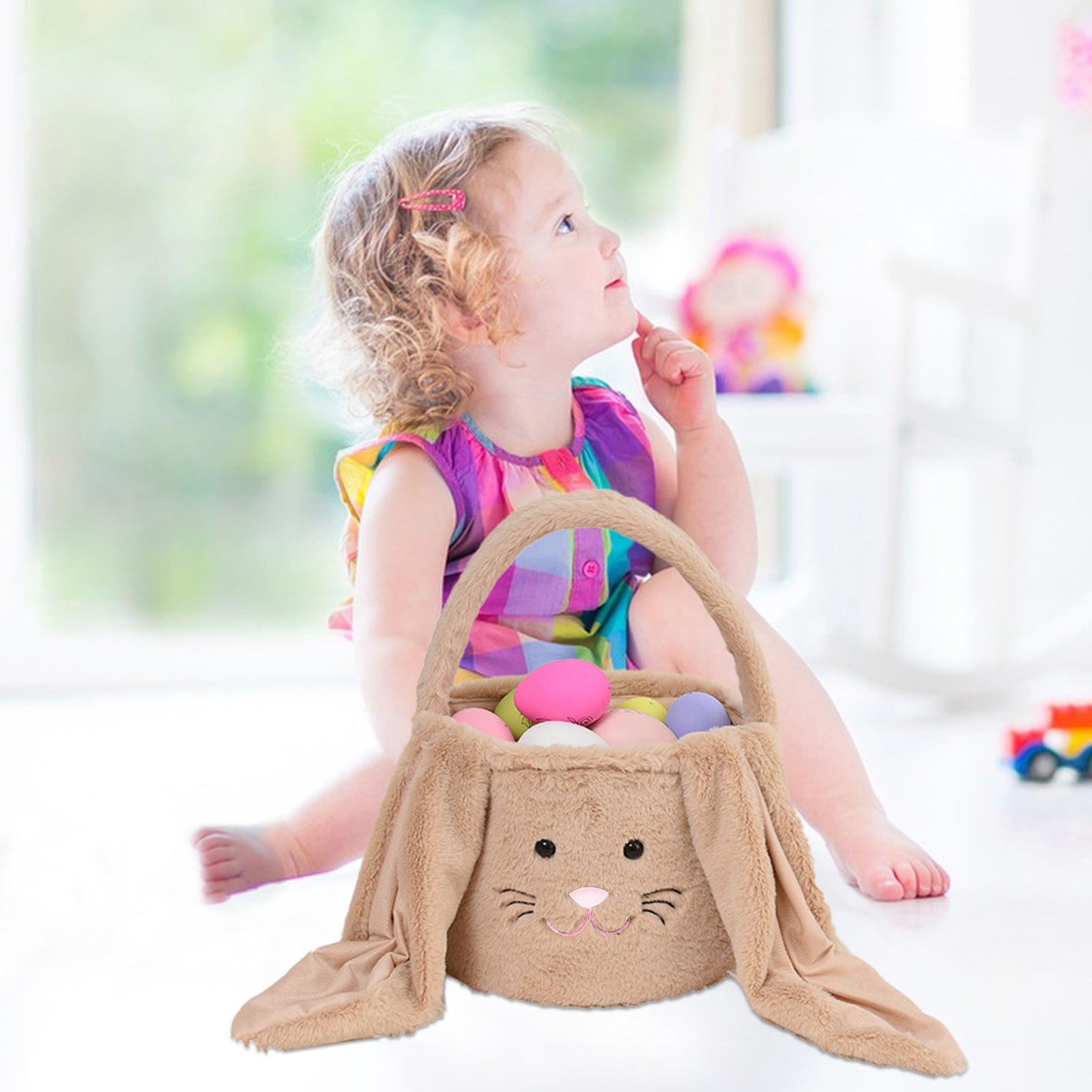 Easter Egg Hunting Baskets Plush Brown Easter Bunny Baskets with Long Plush Ear Personalized Bunny Easter Buckets Gift Bags for Boys Girls Easter Tote Bags for Easter Decorations Candy Gifts