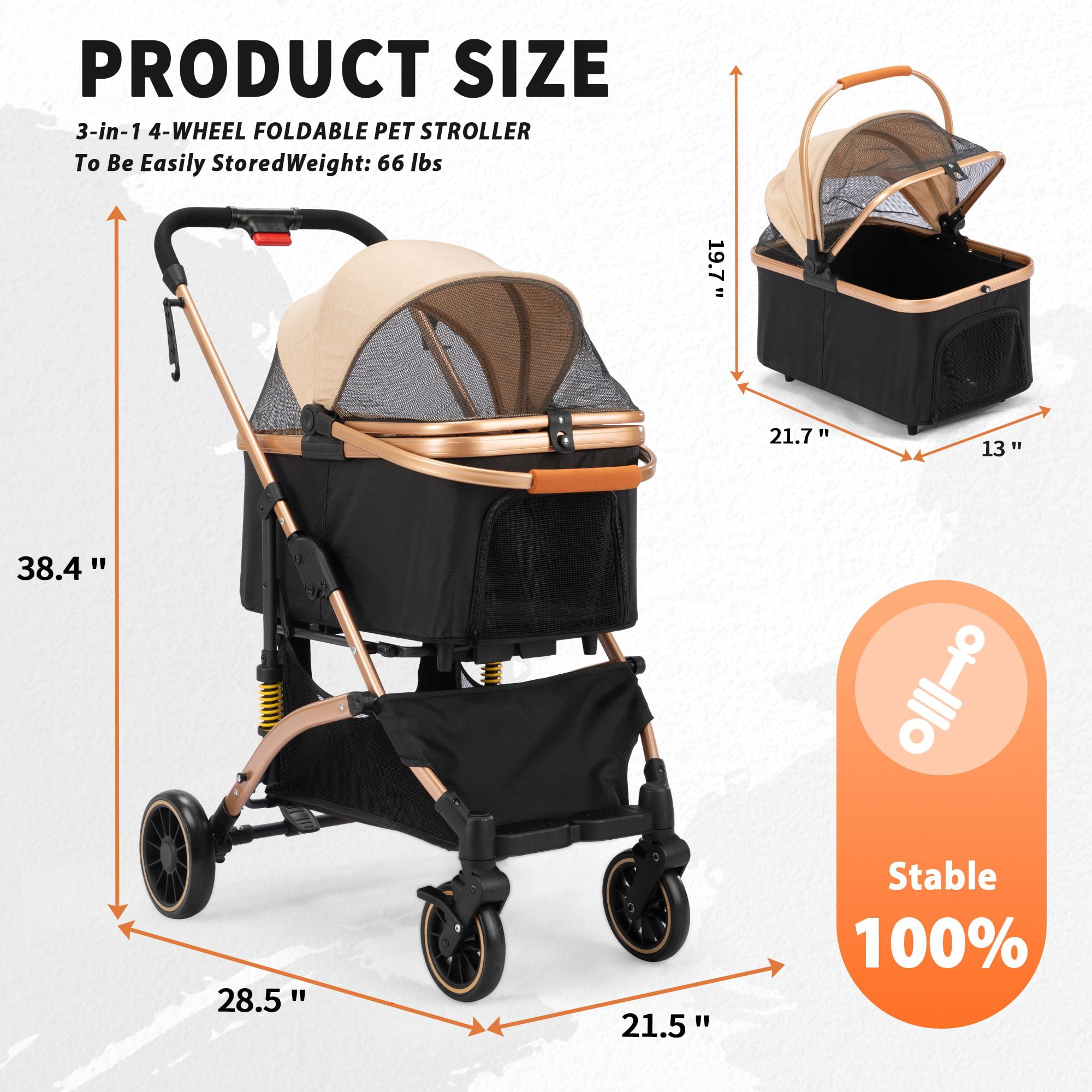 Pefilos 4 Wheels Pet Stroller Folding Lightweight Dog Stroller with Detachable Carrier & Storage Basket, Dog Cat Travel Stroller for Puppies, Doggies, Kitties, Black