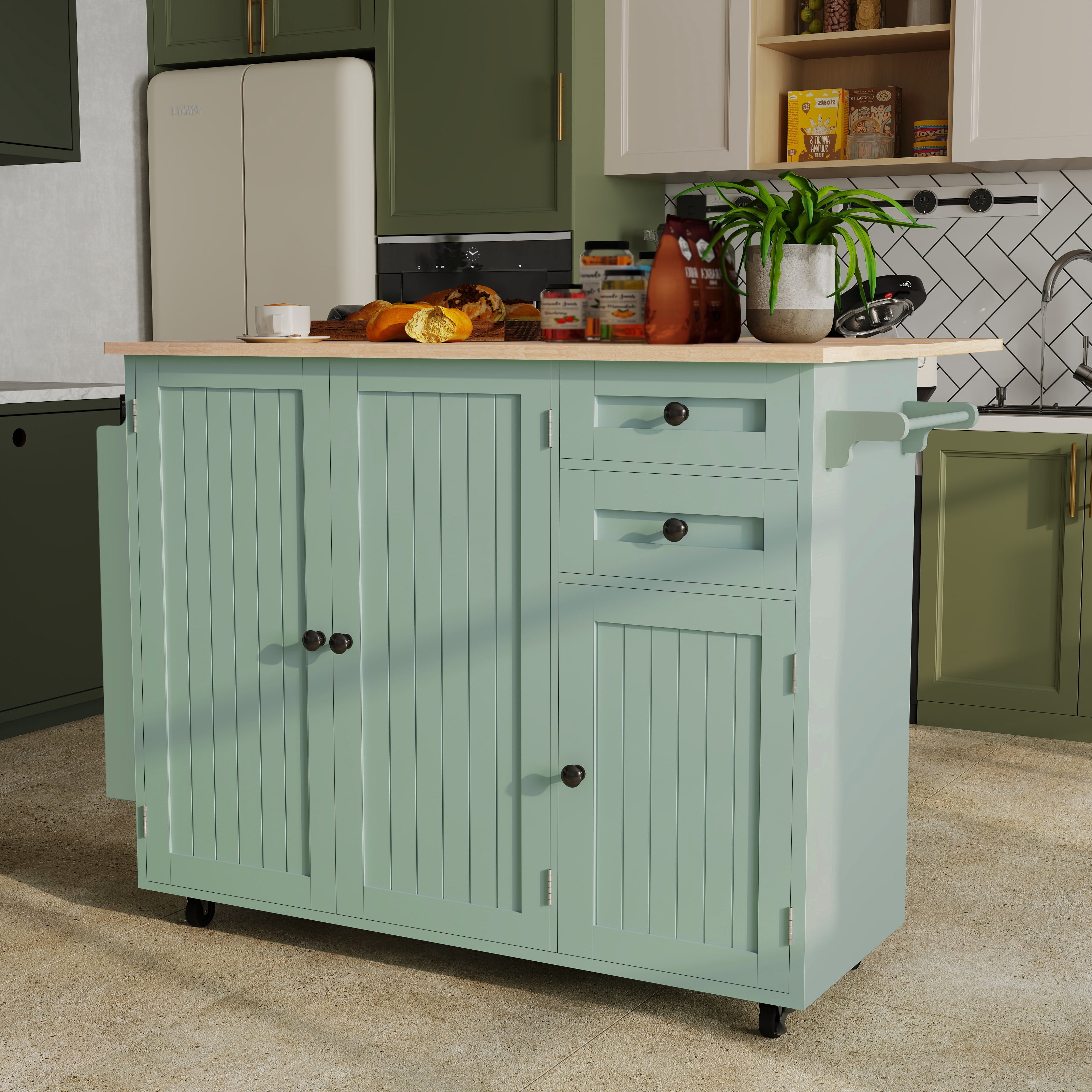 CBJCBJ 50.4" Kitchen Island with Storage, Wood Top Cart with Drop Leaf and Wheels, Green