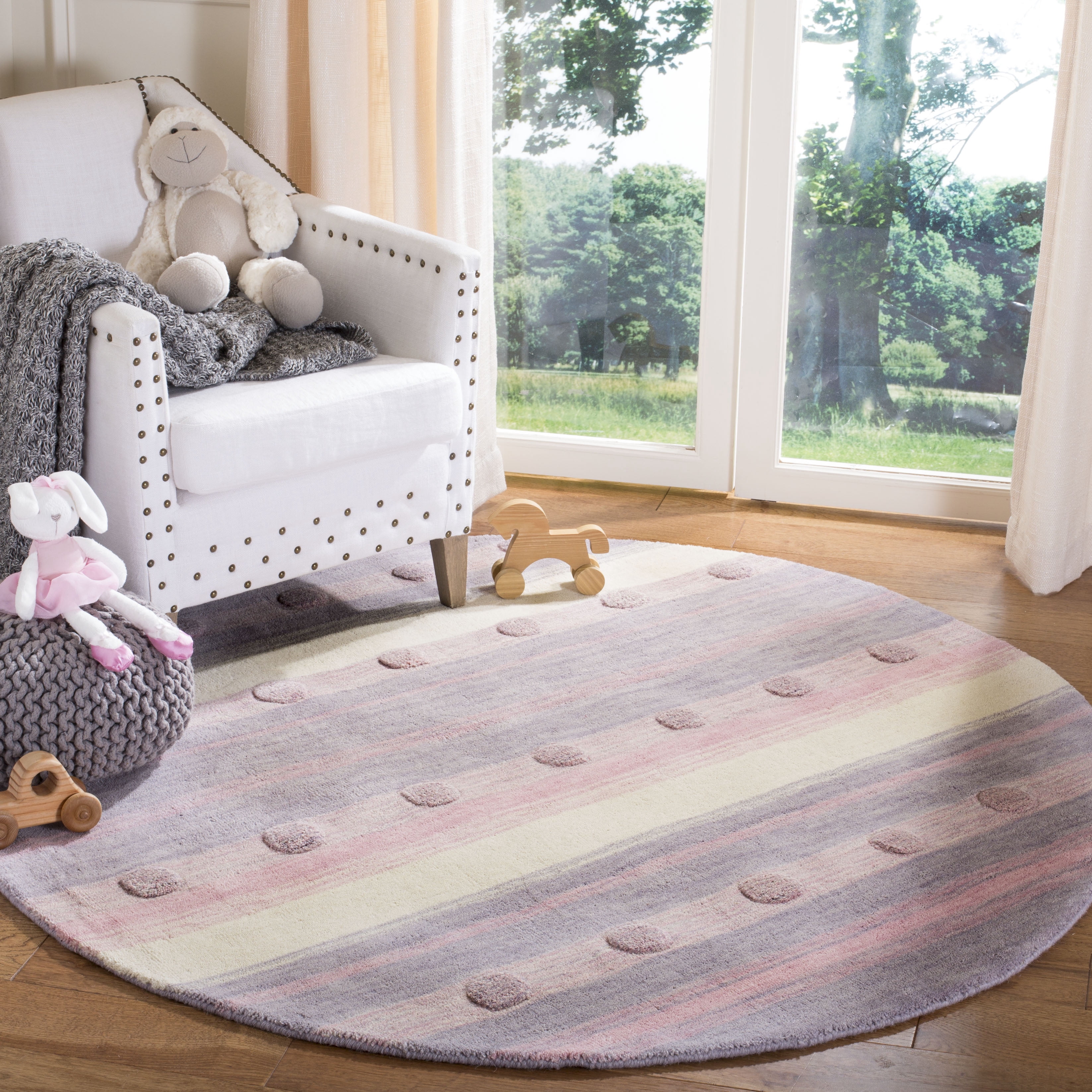 SAFAVIEH Kids Dots Gradient Striped Area Rug, Light Purple/Ivory, 5' x 5' Round