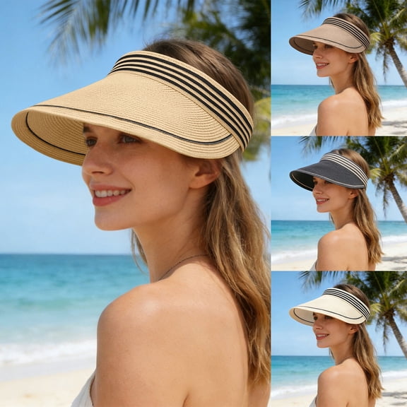 jiaxiM Sun Visor for Women Summer Travel Vacation Foldable Wide Brim Straw Clip on Stretch Striped Color Blocking Hat Outdoor Beach UV Protection Cap