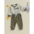 thumbnail image 3 of Hirigin Newborn Baby Boy Waffle Fall Winter Outfit 0 3 6 12 18 Months Button Long Sleeve Striped Romper Bodysuit Pants Set, 3 of 8