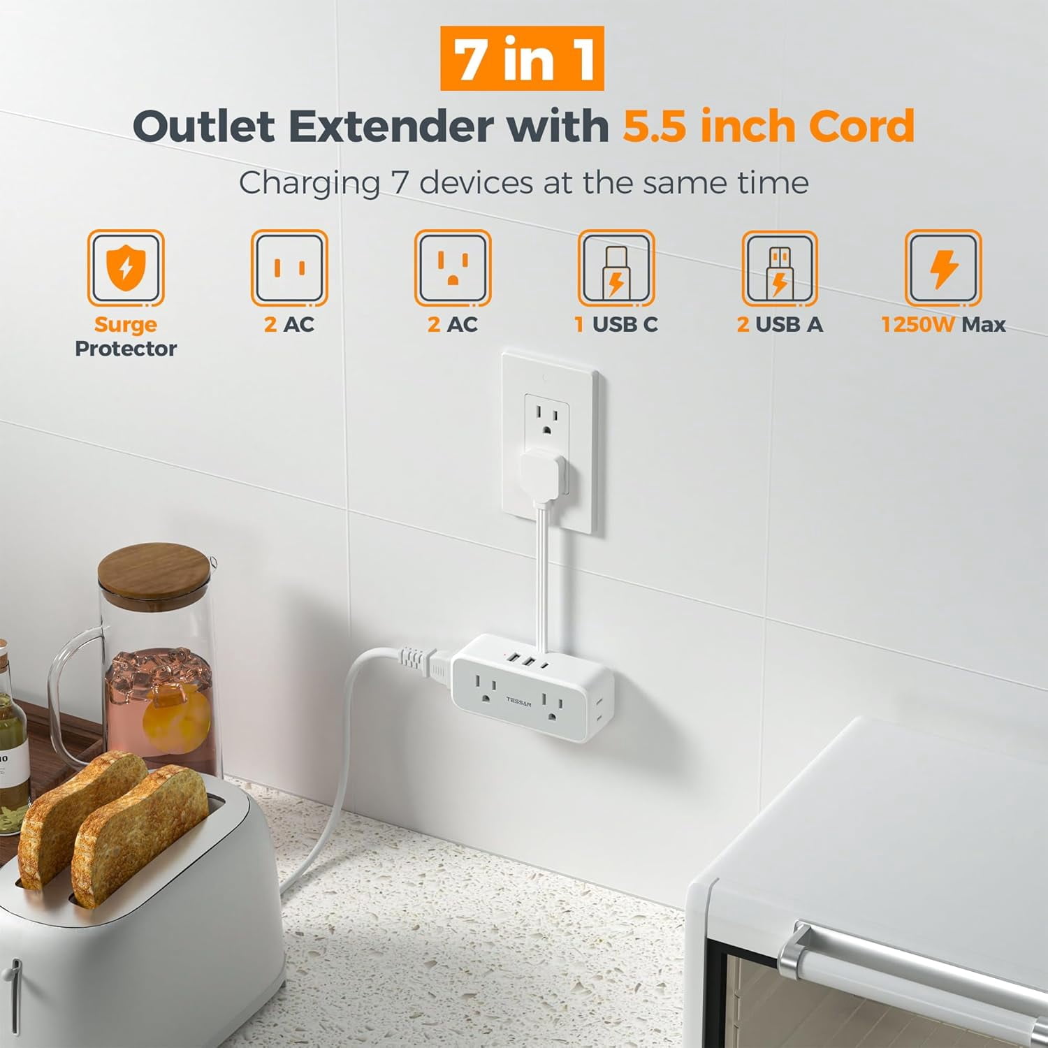 Short Extension Cord 0.5Ft, Flat Plug Outlet Extender Surge Protector with 4 Widely AC with 3 USB Ports (1 USB C), Multi Plug Small Power Strip for Travel, Home Office College Dorm Essentials