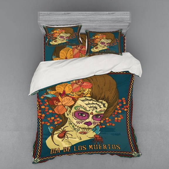 Ambesonne Colorful Bedding Set 4 Pcs, Girl Roses Hearts, Queen, Petrol Blue Caramel