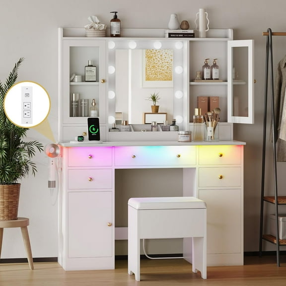 FANRAL Makeup Vanity Desk with Mirror and Lights,Vanity with Chair,43.5" Large Dressing Table with RGB Ambient Light,White Vanity