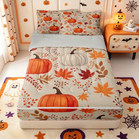 Manfei Fall Pumpkin Print Zipper Twin Comforter Sets with Fitted Sheet and 2 Pillowcases,Maple Leaf Fall Print Zipper Bedding Set,Light Gray Reversible,4pcs