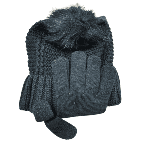 Winter Essentials Women’s Black Pompom Hat and Texting Tip Glove Gift Set, Made with Recycled Fiber