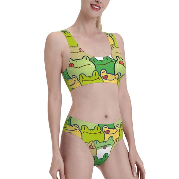 Picia Cartoon Frog Women's High Waisted Bikini Scoop Neck Swimsuit Two Pieces Bathing Suit-Large
