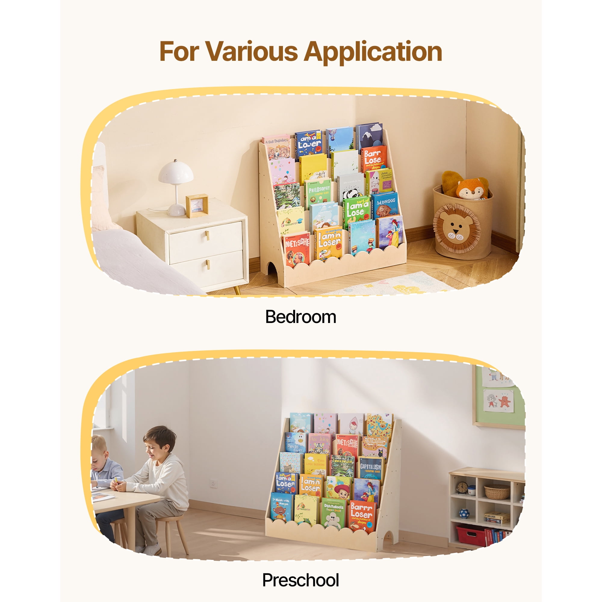 KFFKFF 5-Tier Kids Bookshelf, Wooden Toddler Bookcase with Scalloped Design, Ideal for Kids' Rooms, Living Rooms, Entryways, Nurseries