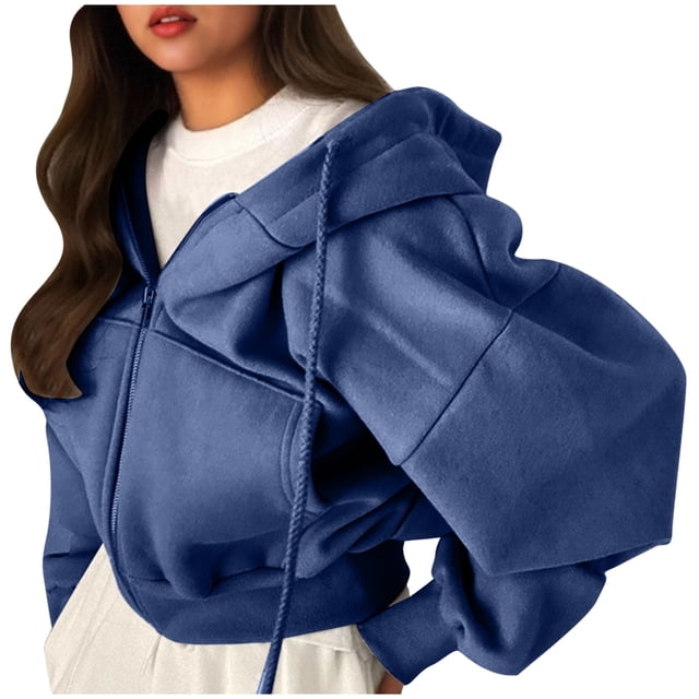 Neewe Women's Solid Color Full Zip Up Hoodies Long Sleeve Drawstring Casual Sweatshirt Hooded Tops