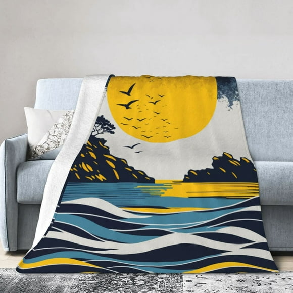 DouZhe Ultra-Soft Micro Fleece Lightweight Flannel Bed Blanket, Cartoon Ocean Beach Rocks Print Cozy Warm Throw Blankets, 60"x50"