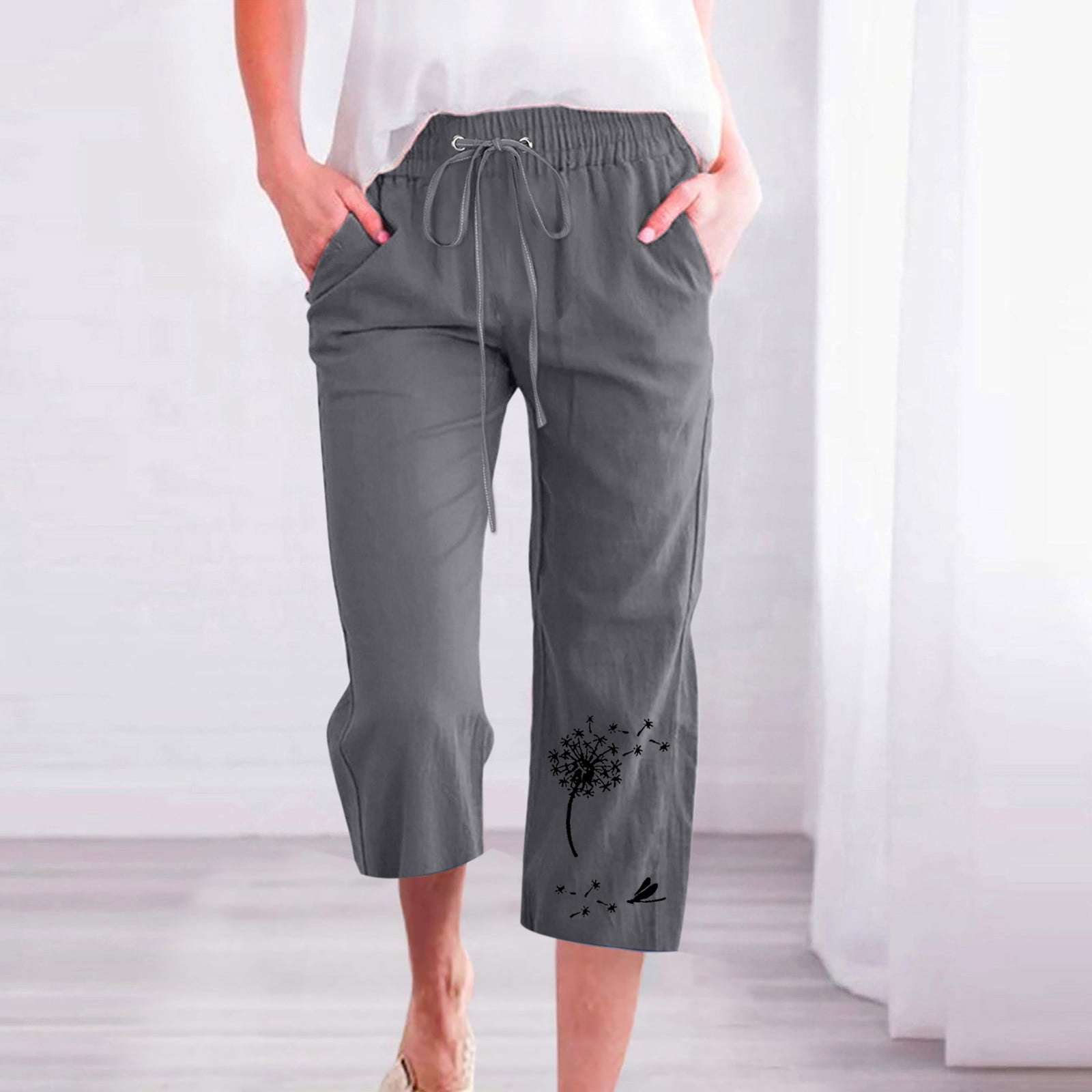QATAINLAV Womens Linen Pants High Waisted Wide Leg Cropped