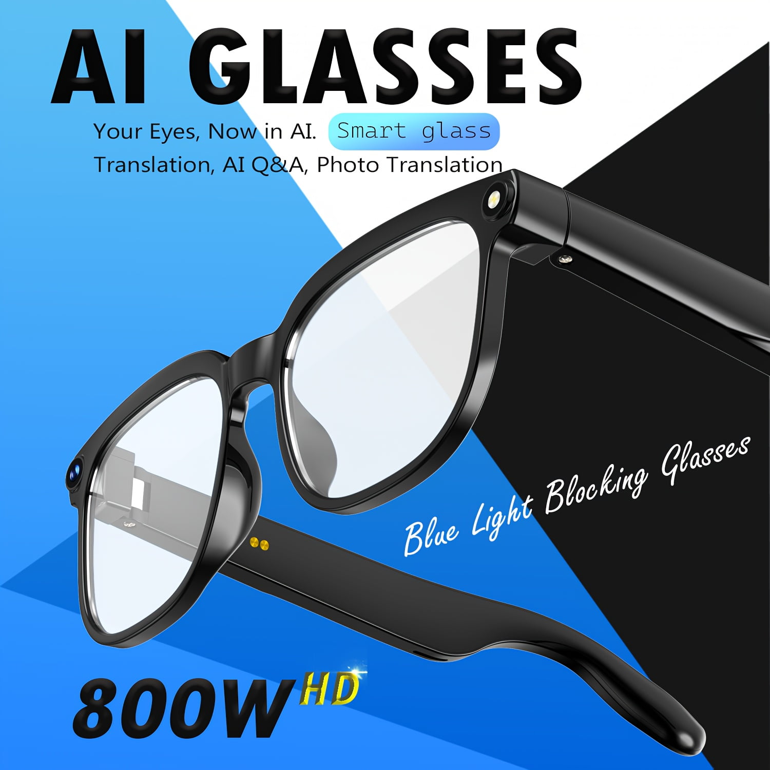 AI Smart Glasses with 800W HD Camera: AI Recognition, 1080P Video