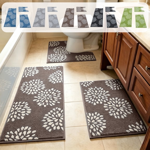 Bathroom Rug Set,Three Piece Flocked Water Absorbent Floor Mat With Anti Slip Base and Machine Washable Feature for Shower Toilet Floor Layout,Fit for Youngster Household Restroom Decoration(Black)