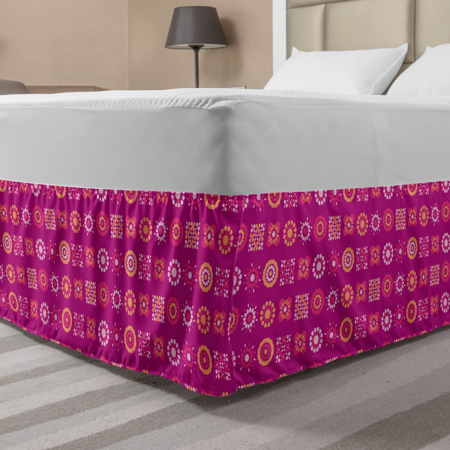 Boho Bed Skirt, Retro Folk Flower Petals Geometric Effects Abstract