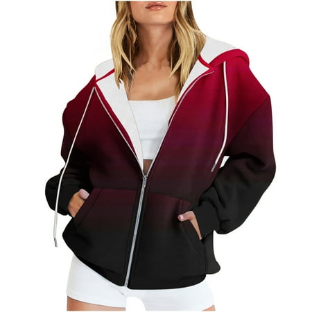 Tuphregyow Women Cute Hoodies Boyfriend Girl Hoodie with Pocket Long Sleeve Comfy Leisure Gradient Print Trendy Casual Drawstring Zip Up Fall Jacket Oversized Sweatshirts Red M