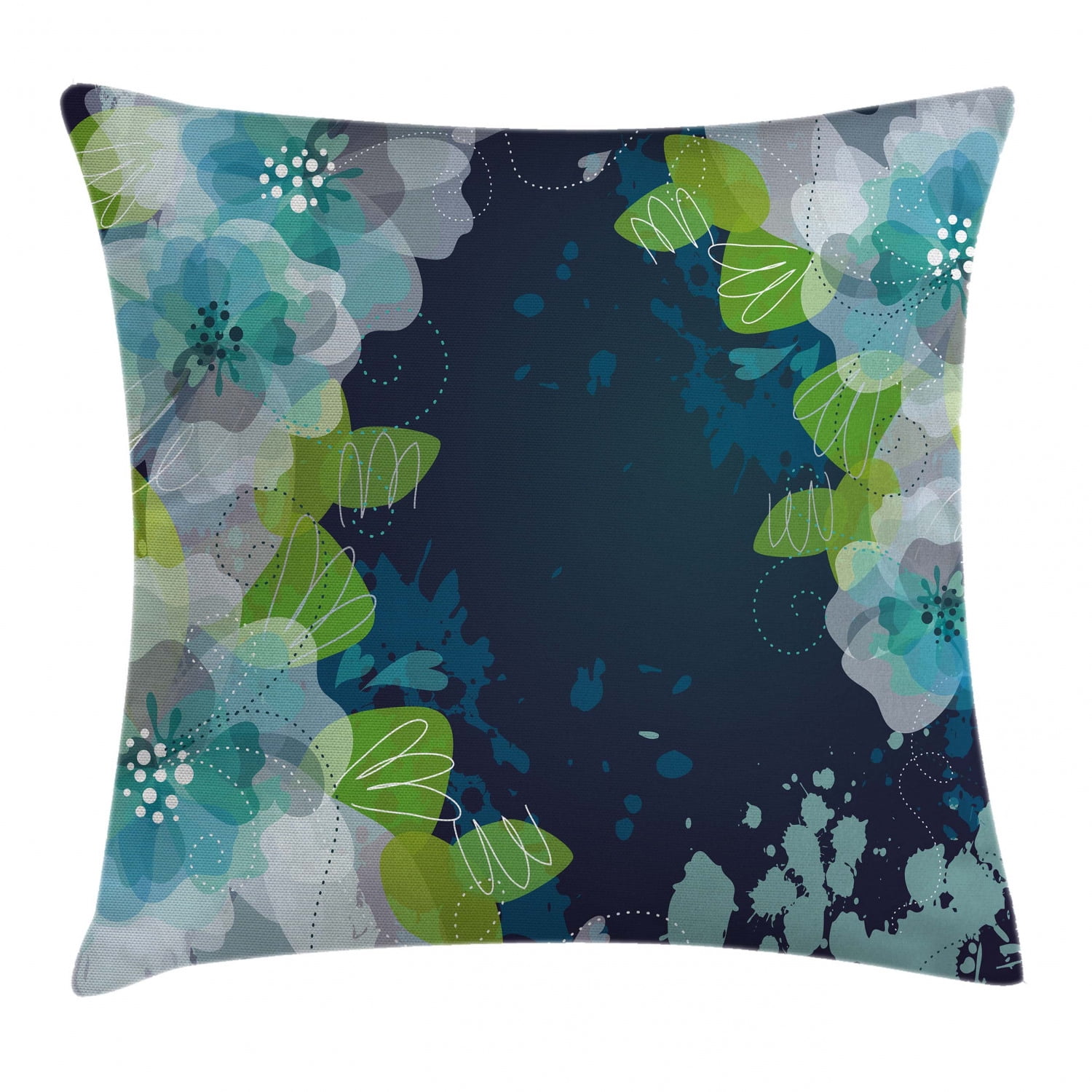 Navy Throw Pillow Cushion Cover, Sketchy Abstract Blossoms Flowers with Leaves on Grunge Backdrop, Decorative Square Accent Pillow Case, 18 X 18 Inches, Navy Blue Light Green and White, by Ambesonne