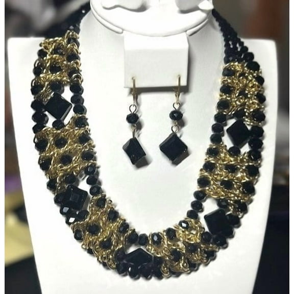 Clip on gold chain and black bead wide necklace and earring set