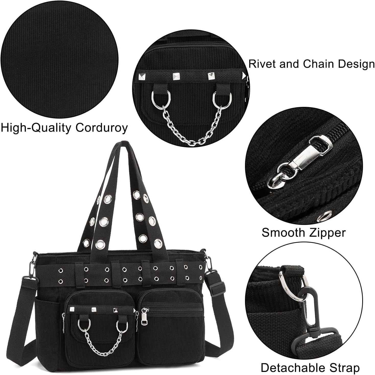 Corduroy Tote Bag Goth Bags for Women Large Gothic Goth Purse for College Work Office Travel