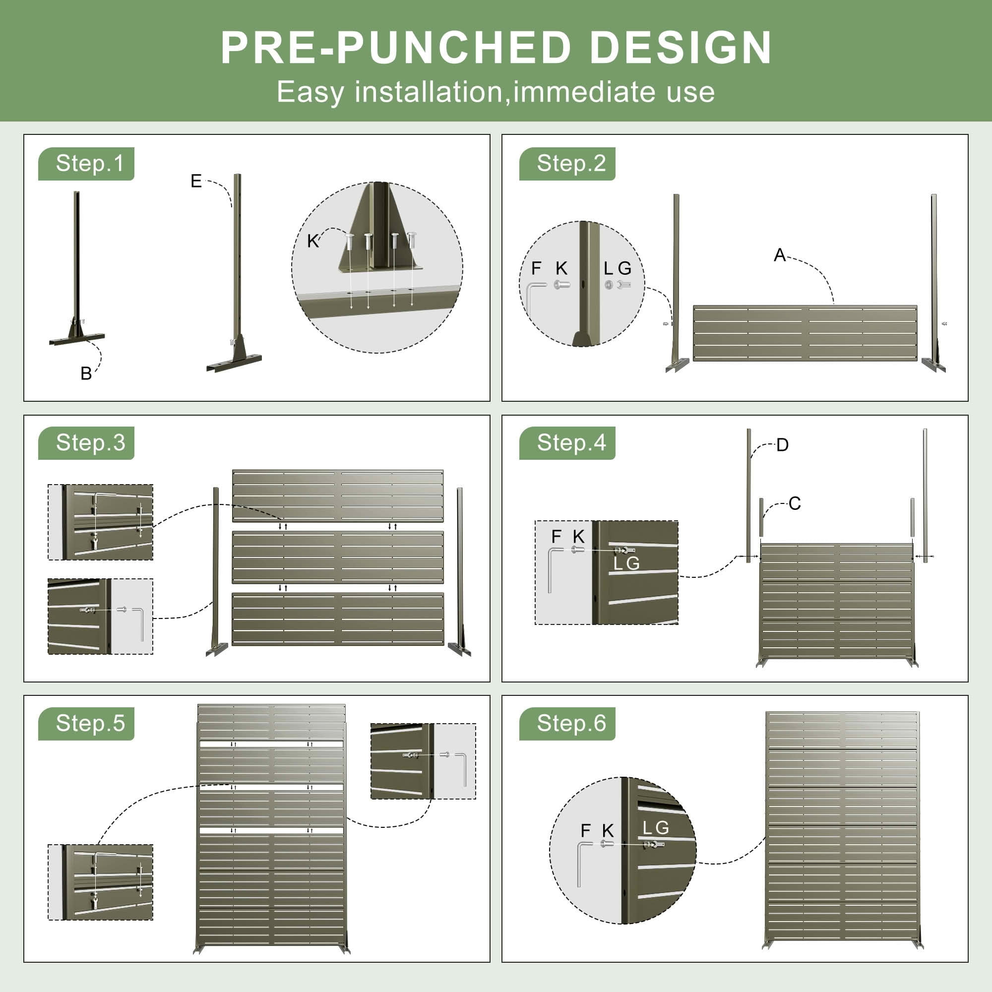 MAYEERTY 72x47x16 Inch Olive Gray Galvanized Steel Privacy Screen, 6 Piece Set for Outdoor Garden