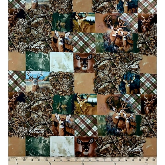 Cotton Realtree APX Forest Deer Bucks Does Hunting Animals Patches Plaid Officially Licensed by Sykel Enterprises Cotton Fabric Print by the Yard (10533)