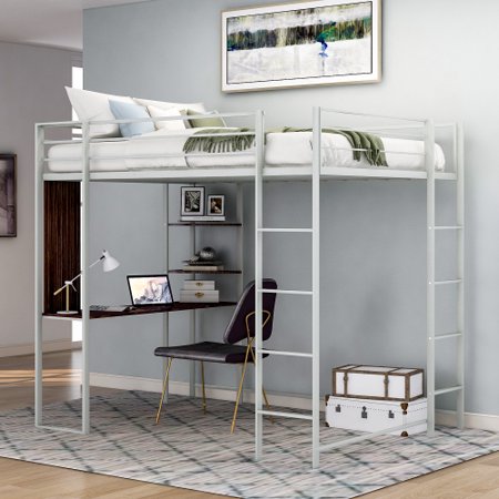 Twin Size Metal Loft Bed with 2 Shelves and one Desk for Kids boy Grils  Space Saving Design  No Box Spring Needed  Silver