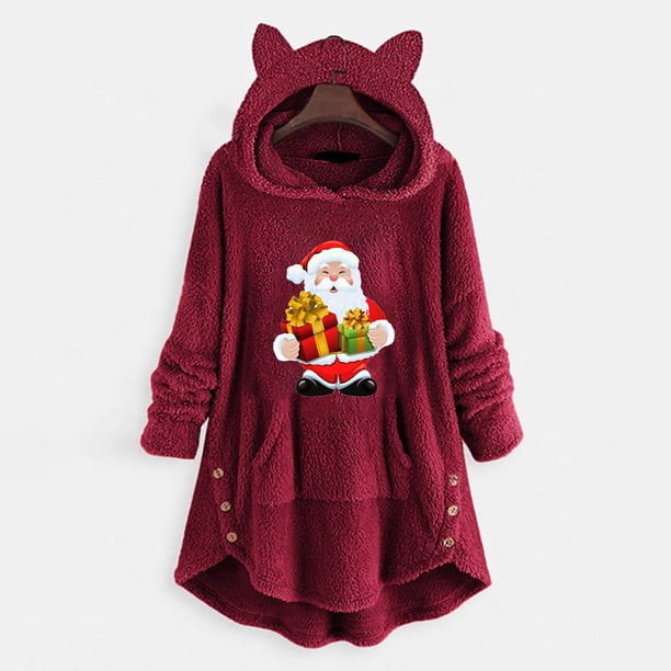 Pntutb Mujer Casual Navidad Impresión Botones De Felpa Manga Larga Con Capucha Abrigo De Felpa Top Pntutb Pntutb-4860