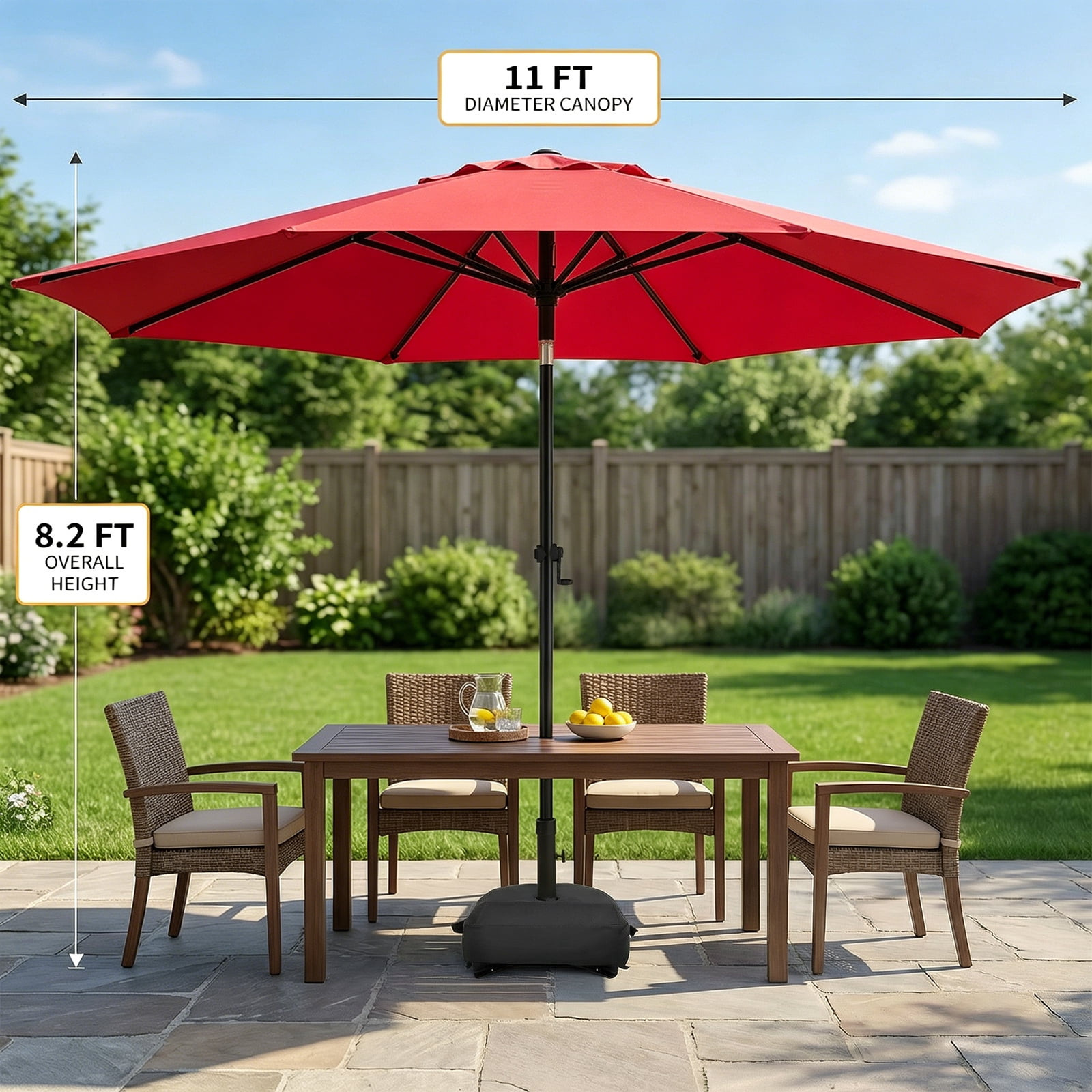 11FT Patio Umbrella (Base Included), 8 Heavy-Duty Ribs, Fade & Waterproof Polyester DTY Canopy for Outdoor Areas: Garden, Deck, Pool & Backyard, Red