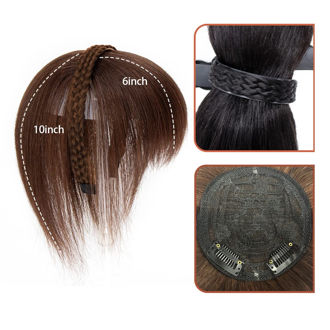 viviaBella Women 10" Twist Braid Headband Straight Hairpieces Human Hair Clip In Topper Hair Extension With Bangs (Yellowish Dark Brown)