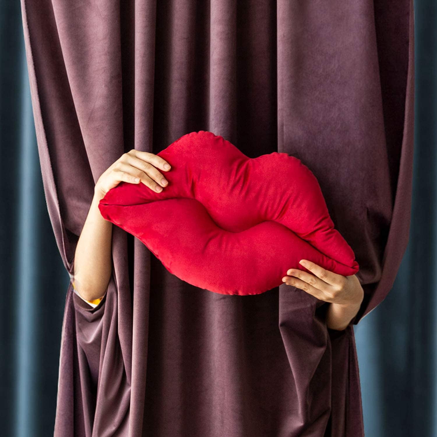 3D Lips Soft Velvet Cushion Throw Pillows for Couch Bed Living Room, Insert Included, Dark Red, 24 X 12.5 inches