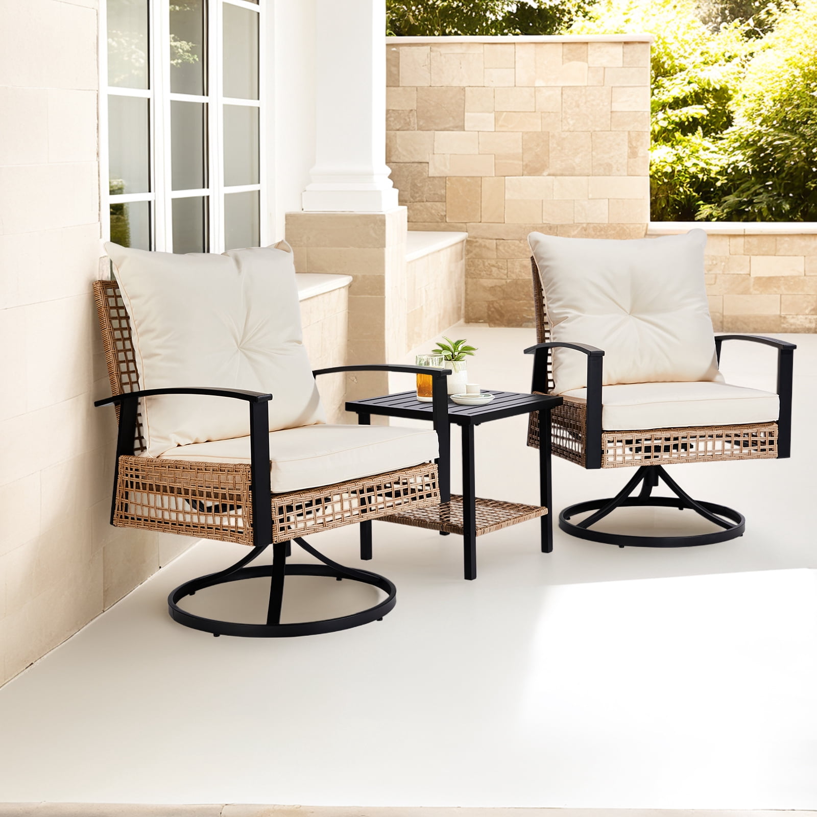 3-Piece Outdoor Swivel Rocking Chairs Set with Coffee Table, Weather-Resistant Patio Furniture for Porch Backyard Poolside, Thick Cushions, Easy Assembly, Durable Wicker 360° Swivel Rocker Bistro Set