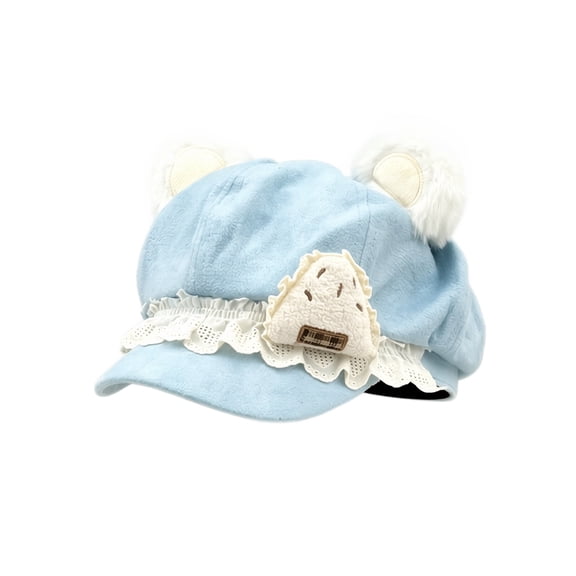Y2K Cutecore Kawaii Cat Ears Beret Hat Adult Strawberry Cake Suede Hat Cute Plush Octagonal,Sweet Lolita Style, Cap Lace Bow Ornament, Pink Newsboy Cap, 2000S Clothes Accessories-Blue
