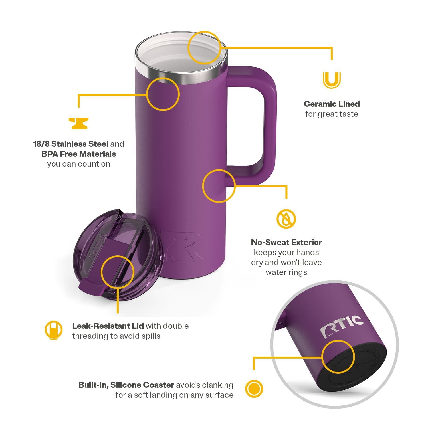 RTIC 20 oz Ceramic Lined Insulated Road Trip Travel Mug with Leak-Resistant Lid, Berry Jam