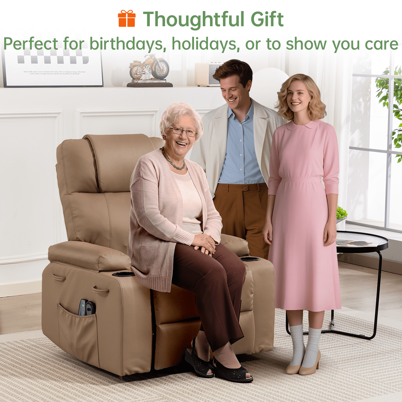 Power Lift Recliner Chair for Elderly with Heat & Massage, 160° Electric Adjustable PU Leather Recliner Sofa with Remote Control, Stand Assist, Cup Holder & Side Pockets for Living Room (Brown)