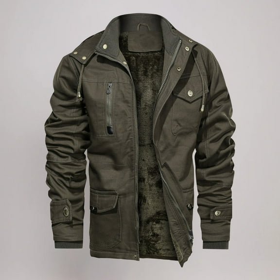 DODADAWANJ Work Jacket for Men Fleece Lined Full Zip Hooded Winter Jackets Big and Tall with Zipper Multi Pockets Thermal Coats Winter Tactical Traning Coat L