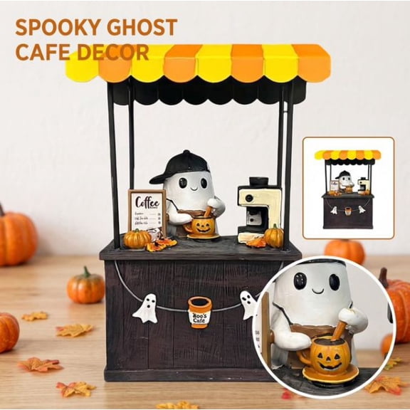 1PC Halloween Spooky Coffee Statue Cute Ghost Barista Coffee Stand Figurine Mini Spooky Little Coffee Booth Tabletop Ornament for Tiered Tray Bookshelf Office Coffee Table